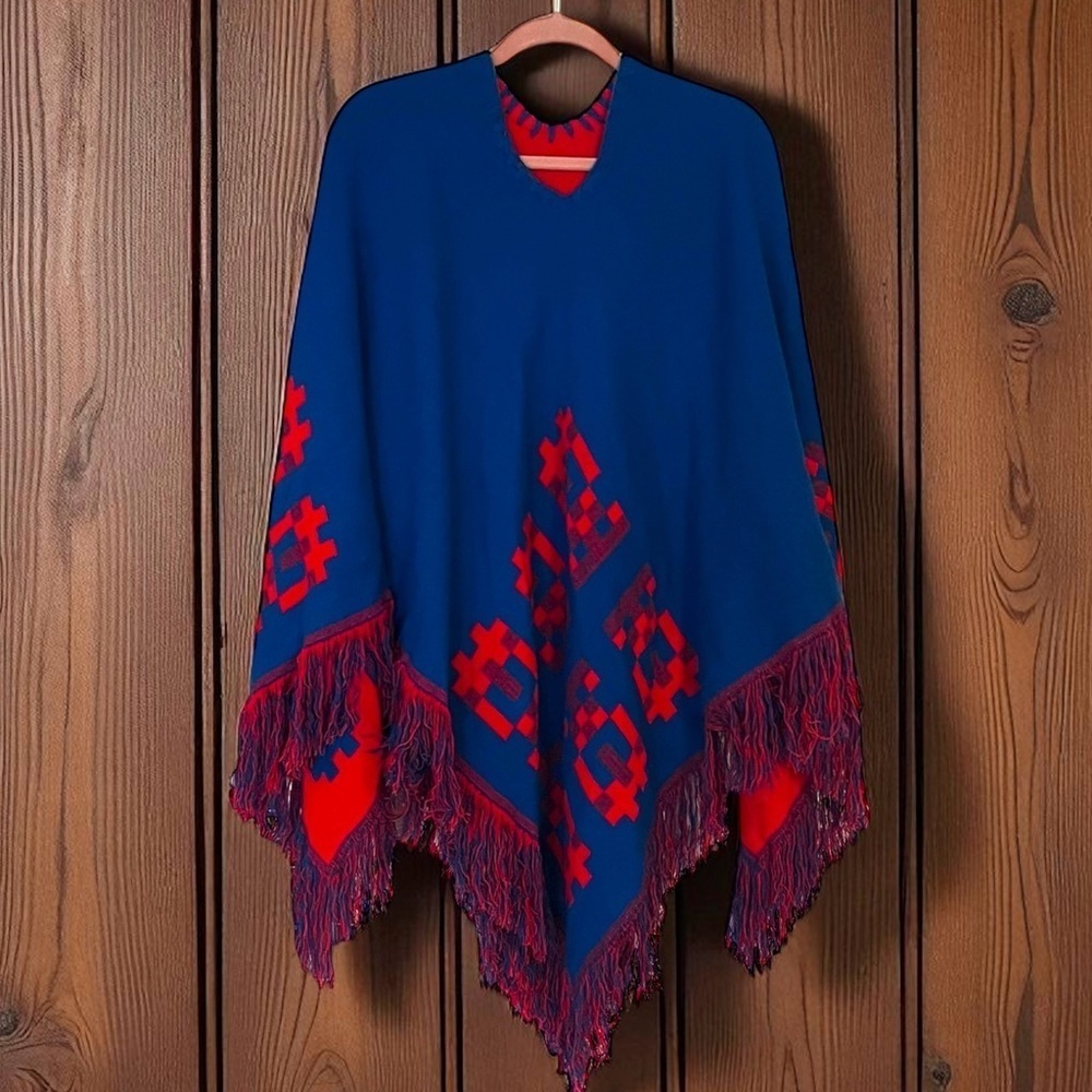 Vintage 70s Poncho Mexican Reversible Fringe Cape Shawl Blue/Red Wool Handmade - Picture 3 of 16